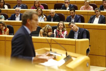 En primer término, el líder del PP, Alberto Núñez Feijóo, durante su intervención en el Senado.