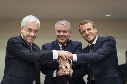 De izquierda a derecha: El presidente chileno Sebastián Piñera, el presidente colombiano Iván Duque Márquez y el presidente francés Emmanuel Macron, durante la reunión de la Alianza por la Amazonia, en la sede de las Naciones Unidas.