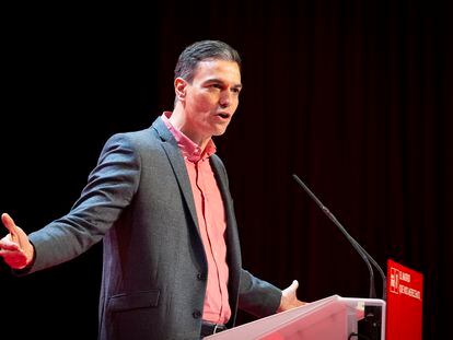 El presidente del Gobierno, Pedro Sánchez, interviene en el acto del Congreso del PSOE-M, este sábado.