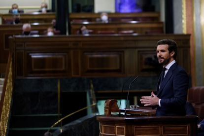 El líder del Partido Popular, Pablo Casado, durante una intervención en el pleno del Congreso el pasado 30 de junio.