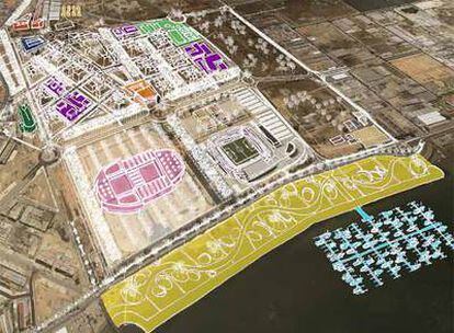 Simulación, sobre una fotografía aérea, de los proyectos del Plan Urbanístico del Ensanche Sur.
