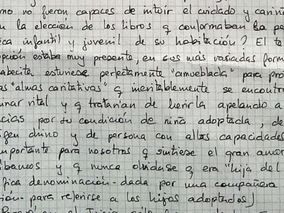 Fragmento de la carta de nueve páginas enviada por Rosario Porto a EL PAÍS a finales de 2017.