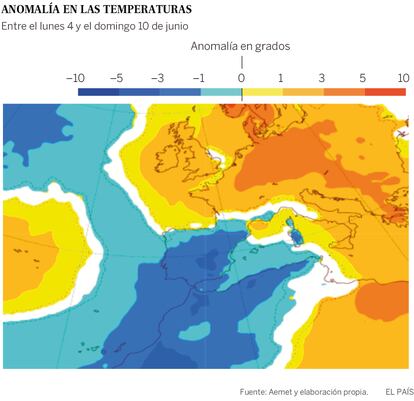 La Aemet prevé que esta semana y la próxima la anomalía de temperaturas se manifestará de forma rotunda en casi toda España, incluidas las Canarias. Las temperaturas se situarán entre uno y tres grados por debajo de la media de este mes. En el resto de países del sur de Europa se mantendrán las bajas temperaturas.