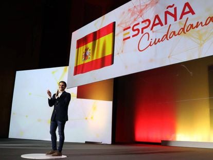 El líder de Ciutadans, Albert Rivera, durant la presentació de la plataforma 'Espanya ciutadana', diumenge a Madrid.