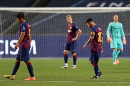 Luis Suárez, De Jong y Messi, en el partido de Champions contra el Bayern.