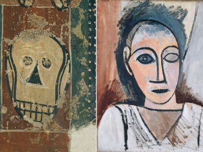 Detalle de la pintura rom&aacute;nica del Maestro de Sorpe y &#039;Busto de hombre&#039;, de Picasso, de 1907.