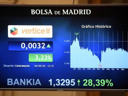 Una pantalla de la Bolsa de Madrid durante la sesión de este viernes.