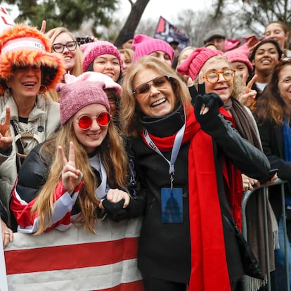 Gloria Steinem, center right, greets protesters at the barricades before speaking at the Women's March on Washington during the first full day of Donald Trump's presidency, Saturday, Jan. 21, 2017 in Washington.  (AP Photo / John Minchillo)