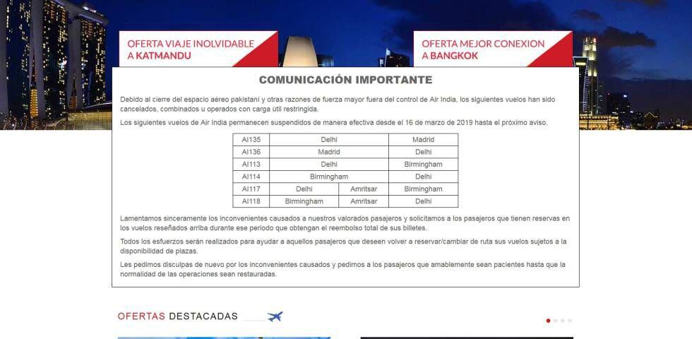 Captura de pantalla del comunicado en la web de Air India anunciando la cancelación de sus vuelos entre Madrid y Delhi.