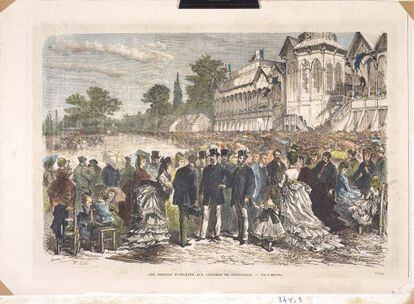 Grabado del XIX de las pistas de Chantilly conservado en el Musée du Cheval.