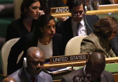 La embajadora de EE.UU. ante la ONU, Susan Rice (i), asiste a la Asamblea General de la ONU, en Nueva York (EEUU). La ONU votará la admisión de Palestina como Estado observador en la organización mundial.