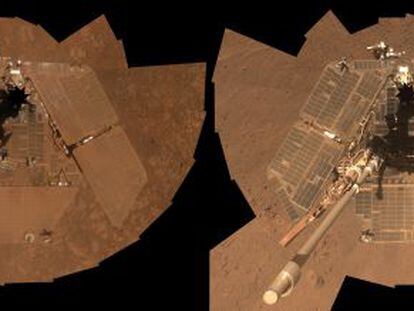 Autofotograf&iacute;a del robot `Opportunity&acute;, en Marte, del pasado marzo (derecha) en la que los paneles solares est&aacute;n m&aacute;s limpios de polvo que en enero (izquierda).