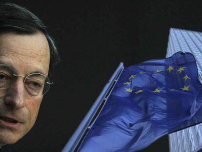 Draghi, ante una imagen de la torre del BCE.
