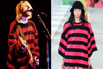 El jersey de rayas. A la izquierda, Kurb Cobain con el mítico suéter, oversize y raído, en un concierto en Nueva York en 1990. A la derecha, look del desfile de Michael Kors (colección p-v 2019).