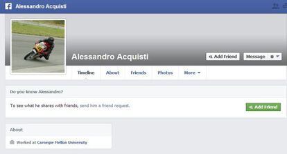 Perfil de Alessandro Acquisti en Facebook.