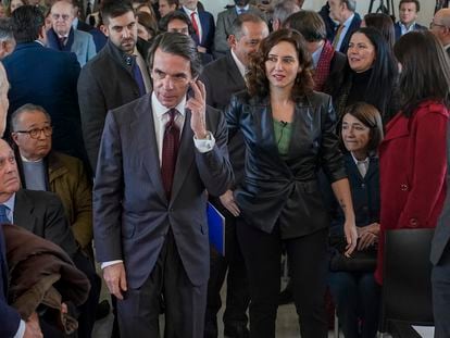 La presidenta de la Comunidad de Madrid, Isabel Díaz Ayuso, y el expresidente, José María Aznar participan en el I Diálogo Atlántico por la Democracia, que organiza el Atlántico Instituto de Estudios.