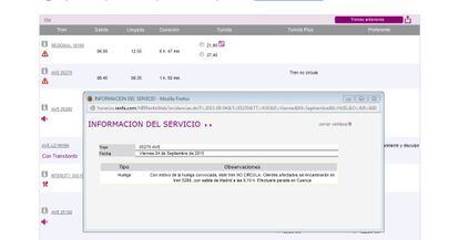 Ejemplo del aviso sobre trenes anulados de Renfe por la huelga en su página web