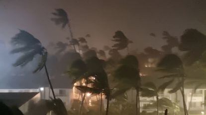 'Fiona' tocó las costas dominicanas como un huracán categoría uno. Para la madrugada de este martes, ya había ascendido a categoría tres. En la imagen, palmeras en Punta Cana durante el paso del ciclón, durante la madrugada del 19 de septiembre de 2022. 