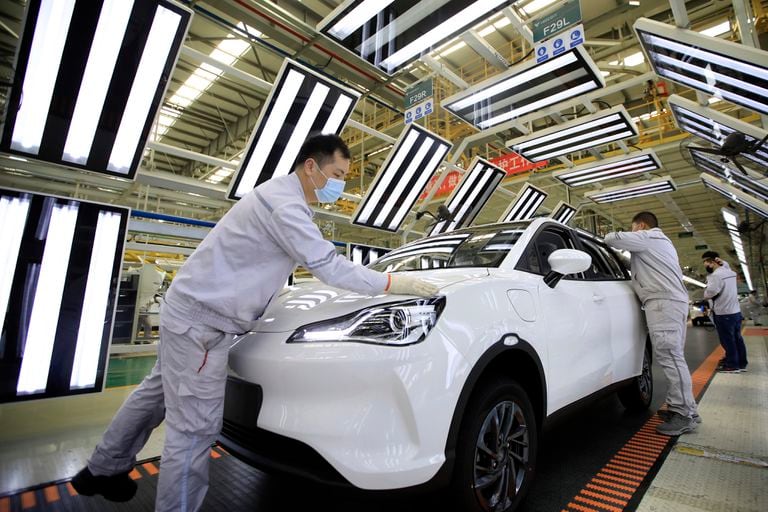 Electric vehicle assembly line at Hozon plant in Jiaxing city of China