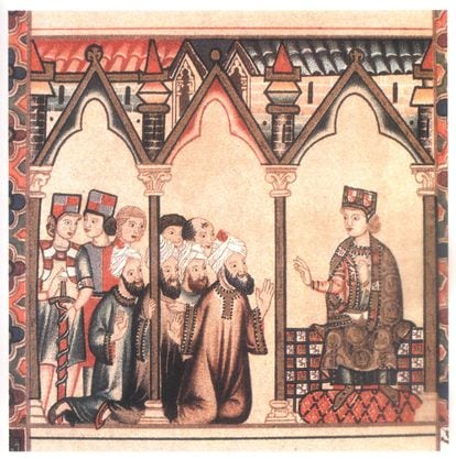 Imagen del rey Alfonso X el Sabio dialogando con unos médicos árabes, perteneciente al libro 'La medicina en al-Andalus'.