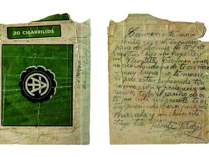 Mensaje de despedida de Vicente Verdejo a su mujer escrito en la cárcel de Valdepeñas antes de ser fusilado el 29 de octubre de 1940