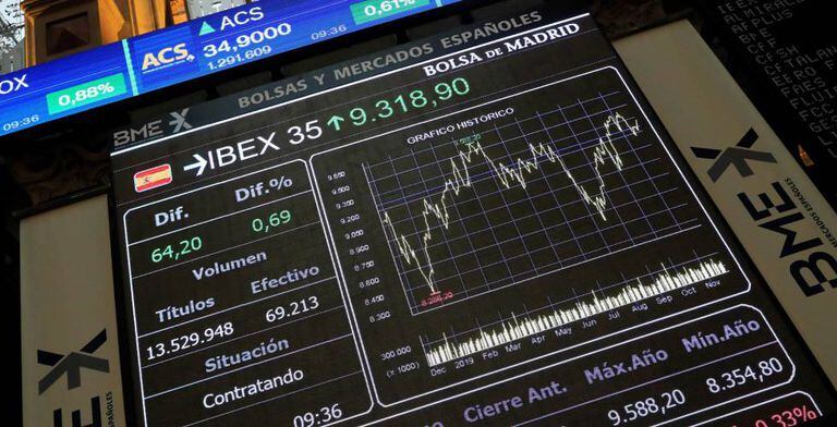 Vista del índice del Ibex 35 en el parqué de la Bolsa de Madrid.