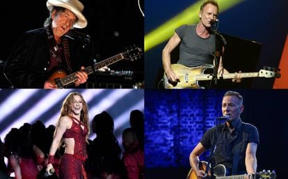 De izquierda a derecha y de arriba abajo: Bob Dylan, Sting, Shakira y Bruce Springsteen. Todos ellos han vendido sus catálogos de canciones a grandes discográficas o fondos de inversión en los últimos meses.