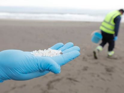 Un operario cogía con la mano 'pellets' de plástico, en la playa Otur, en Asturias, este martes.