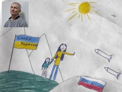 El dibujo de Masha Moskaleva, en una imagen de la BBC. Arriba, el padre de la menor, Alexéi Moskaliov.