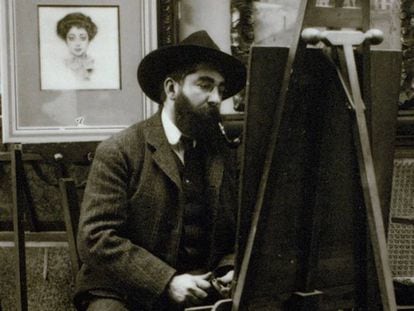 Ramon Casas, al seu estudi, cap el 1905, fotografiat per Francesc Serra. rxiu fotogr&agrave;fic de barcelona