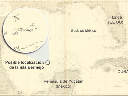 Mapa de 1866 donde est&aacute; se&ntilde;alada la isla Bermeja &quot;Seno mexicano. Hija 1. Parte meridional&quot;.