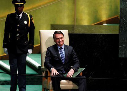 Jair Bolsonaro, presidente de Brasil, espera su turno antes de su discurso en la Asamblea de la ONU, este martes.
