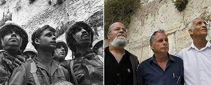 Los militares israelíes Zion Karasanti, Yitzhak Yifat y Haim Oshrí, junto al Muro Oeste, en junio de 1967 y en la actualidad.