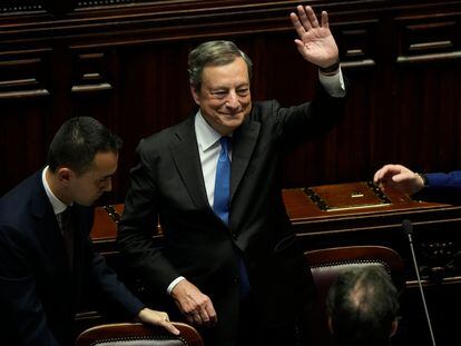 Mario Draghi, el jueves en el Parlamento italiano tras confirmar su dimisión.