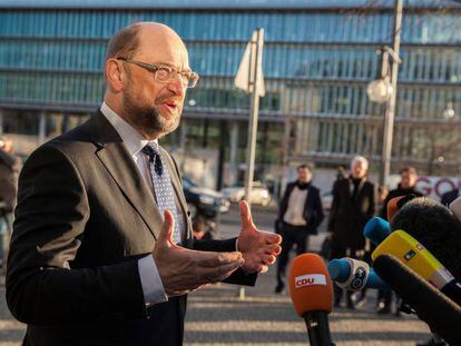 El l&iacute;der socialdem&oacute;crata, Martin Schulz, en una declaraci&oacute;n a la prensa este martes en Berl&iacute;n.