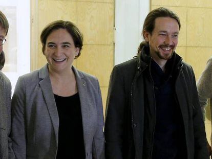 Xavier Domènech, Ada Colau, Pablo Iglesias i Ínigo Errejón, aquest dilluns.