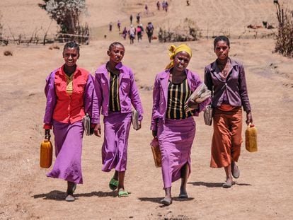Un grupo de mujeres etíopes participa en un proyecto de Ayuda en Acción sobre almacenamiento de productos, en 2019.