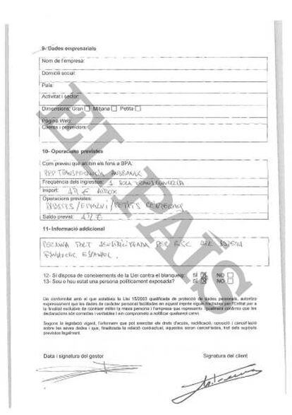 Documento confidencial que rellenó Marta Ferrusola para abrir su cuenta en la Banca Privada d'Andorra (BPA).