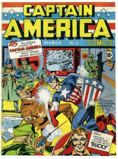 Captain America Comics, Vol. 1 # 1. En la primera aparición de uno de los superhéroes más conocidos del mundo Marvel, publicada el 1 de marzo de 1941, los nazis tienen un importante papel. El primer número de Capitán América comienza con una serie de jóvenes alistándose en el ejército americano para combatir a los nazis que están camuflados entre las filas estadounidenses.