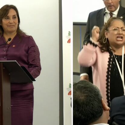 Dina Boluarte (der.) en Nueva York el 20 de septiembre y manifestante (izq.) contra el Gobierno de Perú.