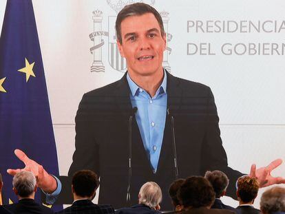 El presidente del Gobierno, Pedro Sánchez, clausura telemáticamente el Foro La Toja-Vínculo Atlántico, este sábado.