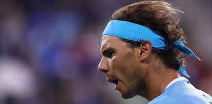 Rafael Nadal, en el seu partit d'ahir contra Gilles Mulleren a Indian Wells.