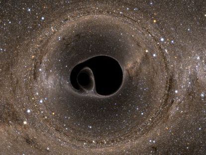 Representación de la colisión de dos agujeros negros