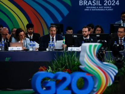 El ministro de Hacienda de Brasil, Fernando Haddad, durante una reunión de ministros de Economía del G-20, este jueves en São Paulo.