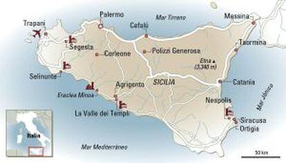 Mapa de Sicilia (Italia).