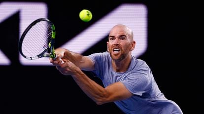 Mannarino, durante el partido contra Shelton en Melbourne Park.