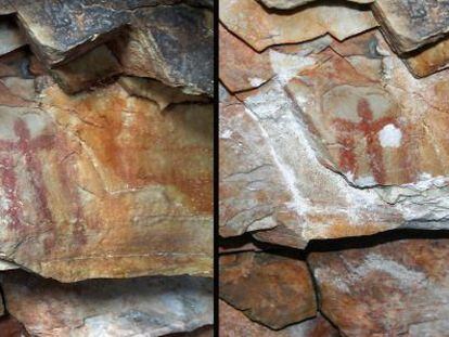 Imágenes facilitadas por Benito Navarrete del antes y el después del estado de la pintura rupestre encontrada hace 41 años en la cueva de Los Escolares de Santa Elena (Jaén).