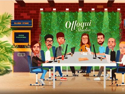 Ilustración de la web de Olloqui Studio con los miembros del equipo.