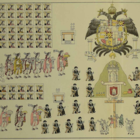 La lámina de mayor tamaño del Lienzo de Tlaxcala. Al centro se halla el escudo imperial de España seguido del escudo de Tlaxcala colonial. Lámina extraída de la versión del códice Chavero.