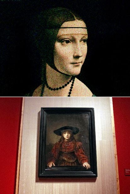 <i>La dama del armiño,</i> obra maestra pintada por Leonardo da Vinci en Milán hacia 1490. Abajo, vista de una de las salas del Palacio Real de Madrid con piezas de la muestra <i>La edad de oro de Polonia.</i>